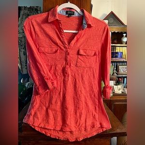Jones New York Orange Coral Cotton Jacquard Long Sleeve Collared Top Small
